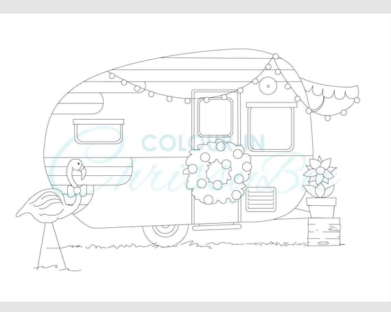 Christmas coloring page printable adult coloring page rv camper caravan flamingo instant download