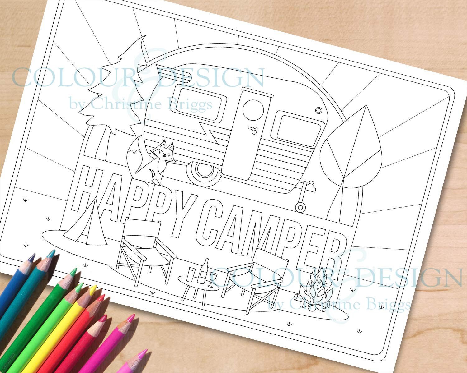 Printable camping coloring page happy camper retro rv activity sheet colouring for adults and kids a and letter format download now