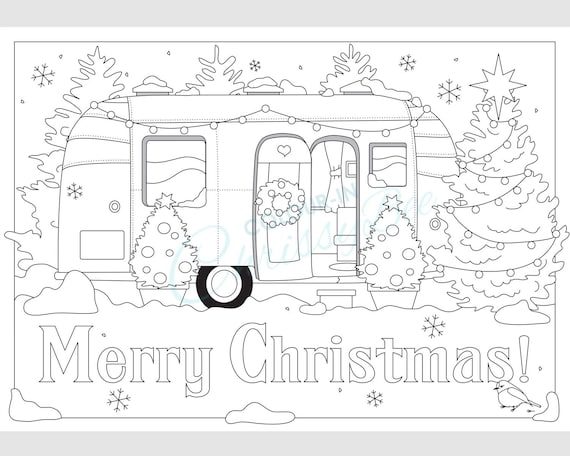 Christmas travel trailer printable coloring page adult colouring activity sheet for airstream lovers camping merry christmas download now