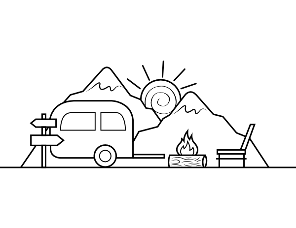 Printable camper trailer and mountains coloring page