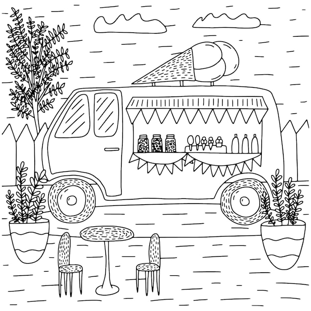 Premium vector ice cream truck coloring page vector illustration ice cream van street kiosk coloring