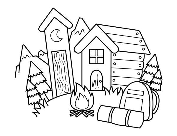 Printable camping cabin coloring page