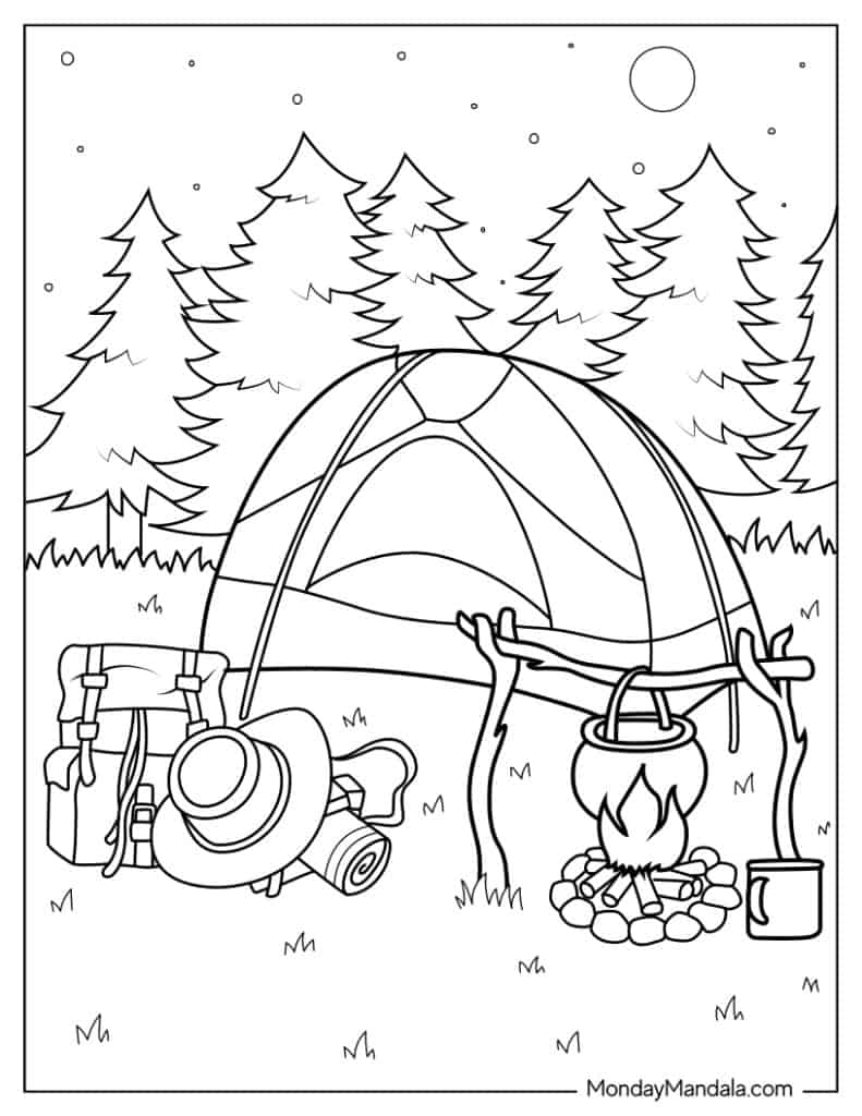 Camping hiking coloring pages free pdf printables