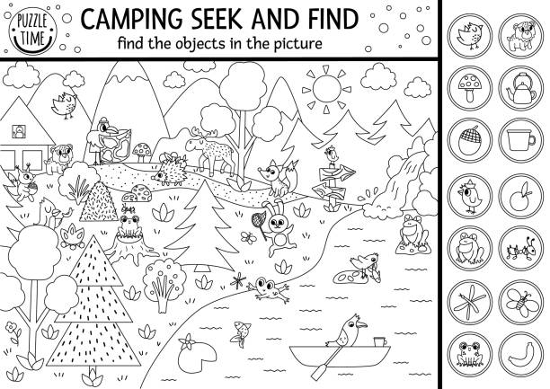 Vector black and white camping searching game or coloring page with cute animals in the forest spot hidden objects simple seek and find s outline summer camp or woodland printable activity stock