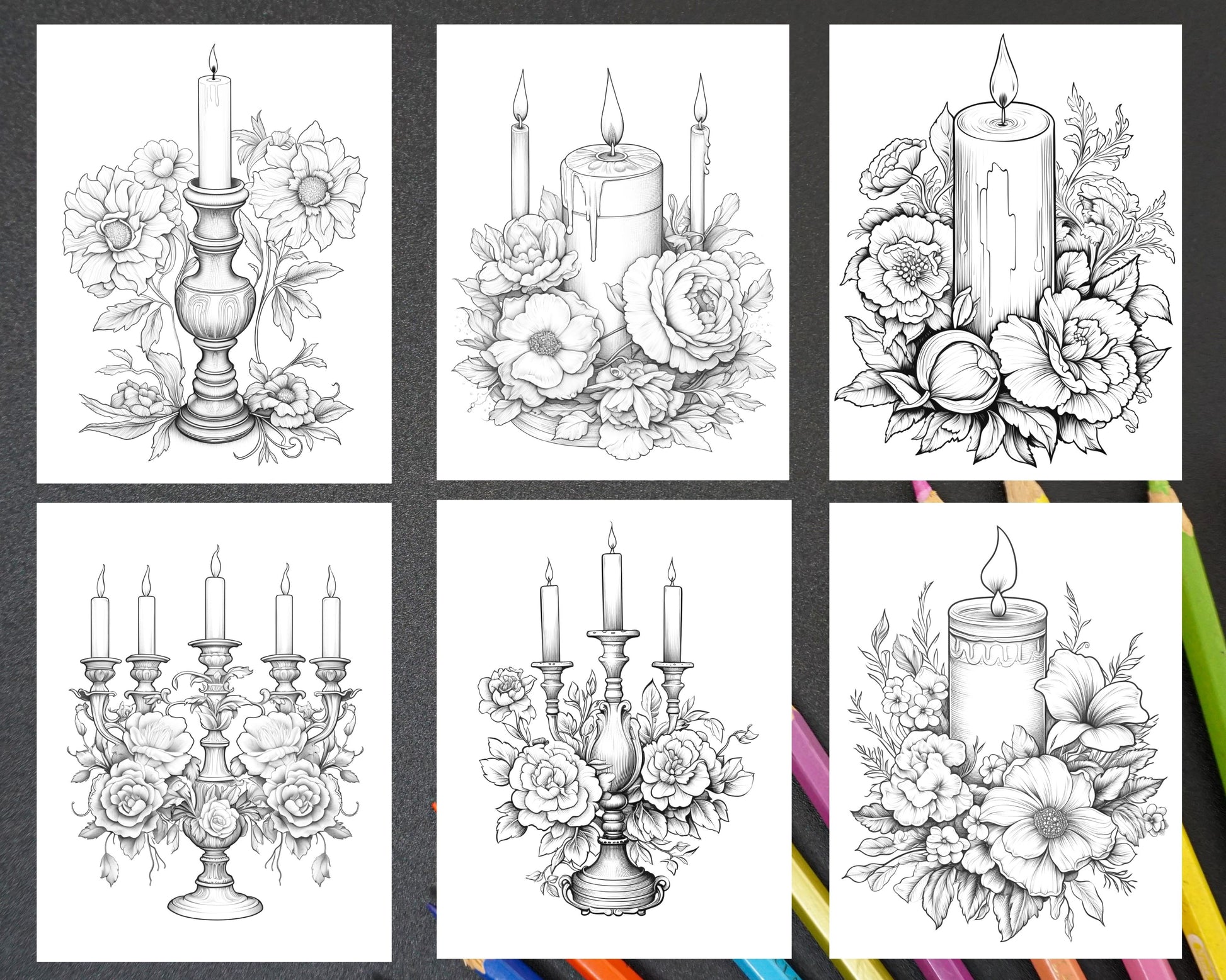 Flower candles grayscale coloring pages printable for adults pdf f â coloring