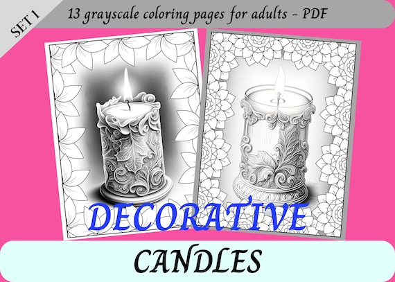 Decorative candles set grayscale coloring pages for adults printable pages instant download