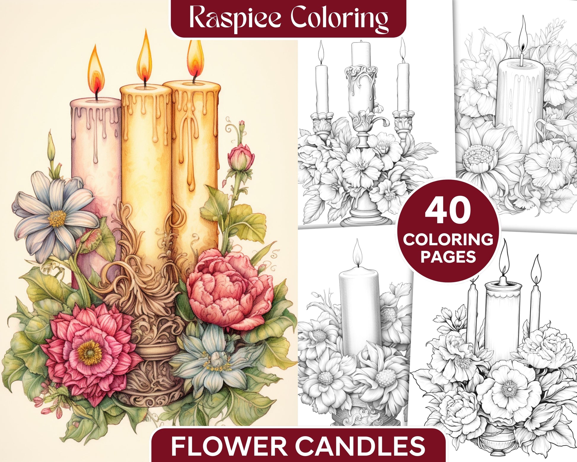 Flower candles grayscale coloring pages printable for adults pdf f â coloring