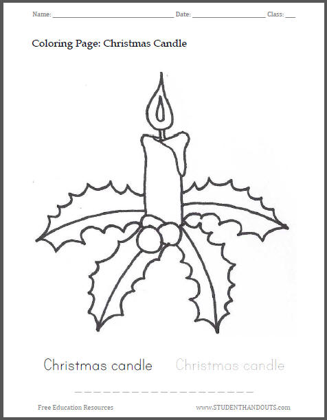 Christmas candle coloring page for kids student handouts