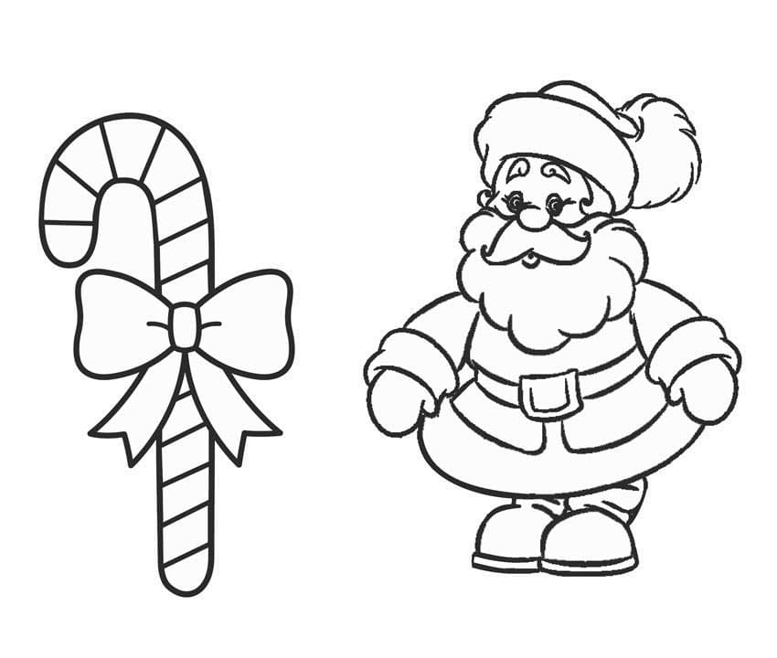 Santa claus and candy cane coloring page