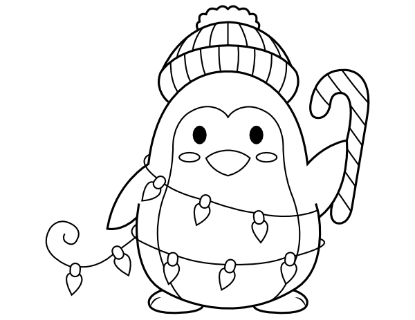 Printable penguin with a candy cane coloring page