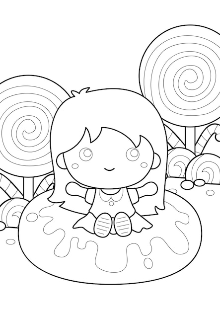 Premium vector little girl in candy land coloring for kids and adult