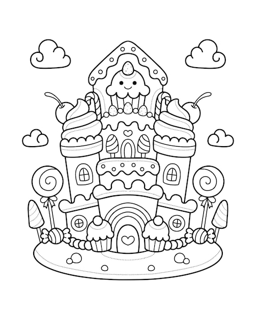 Premium vector candy castle house coloring page illustration