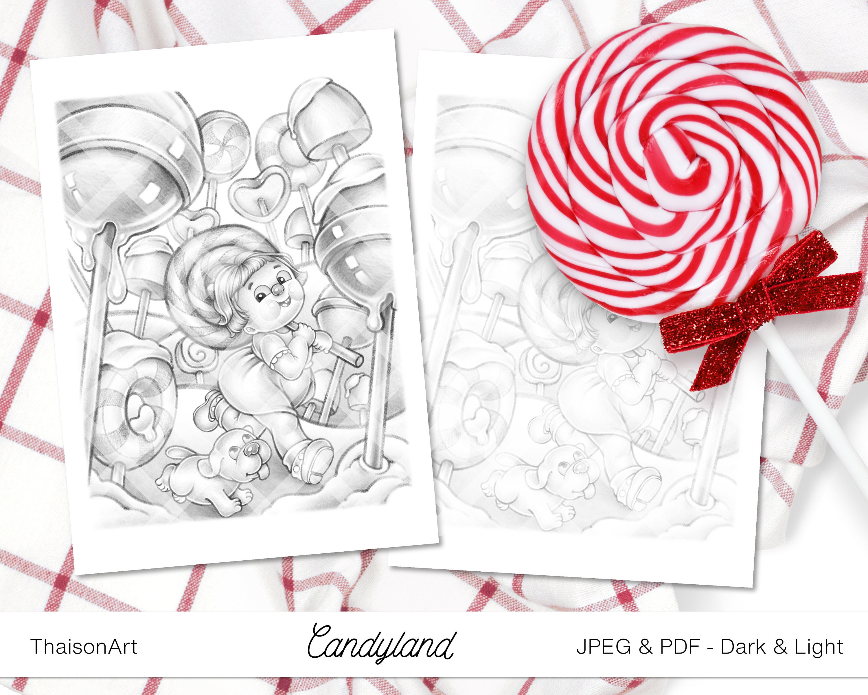 Candyland candy coloring page for kids and adult printable sweet candy cane dog animal girl scenery coloring page instant download