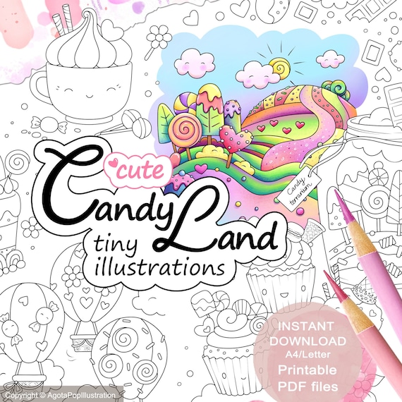 Cute candy land colouring page set for adults tiny illustrations printable pdf instant download