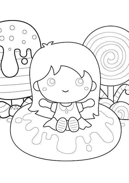 Premium vector cute girl in candy land coloring for kids and adult