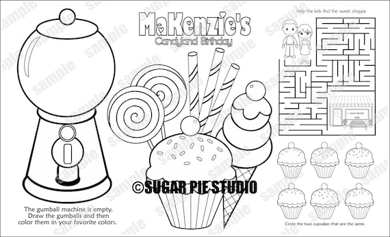 Personalized sweet shoppe candy shop coloring page birthday party favor colouring activity sheet personalized printable template