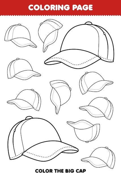 Premium vector education game for children coloring page big or small picture of wearable accessories cap line art printable worksheet