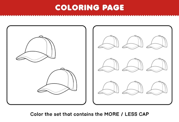 Premium vector education game for children coloring page more or less picture of cute cartoon wearable clothes cap line art set printable worksheet