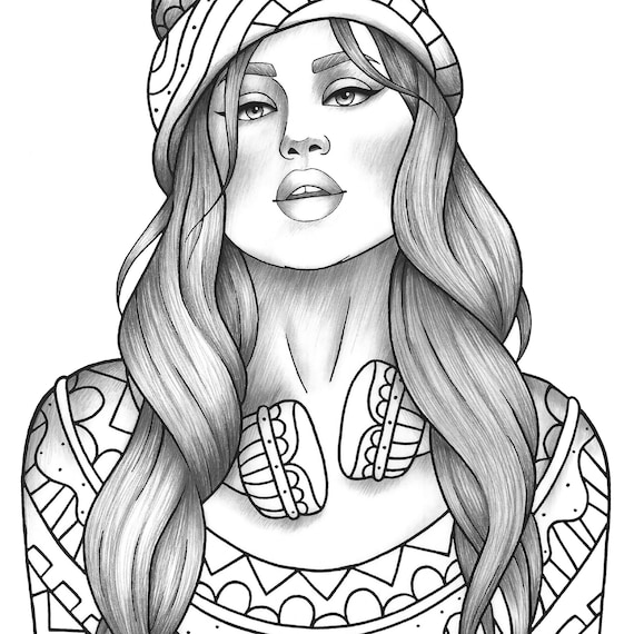 Adult coloring page girl portrait with headphones and knitted cap colouring sheet fashion pdf printable anti
