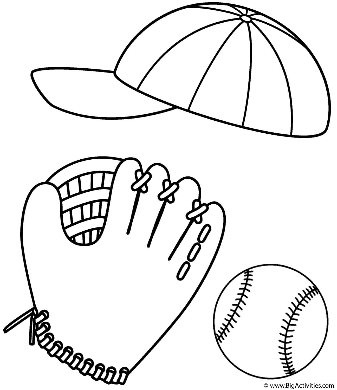 Baseball cap glove and ball
