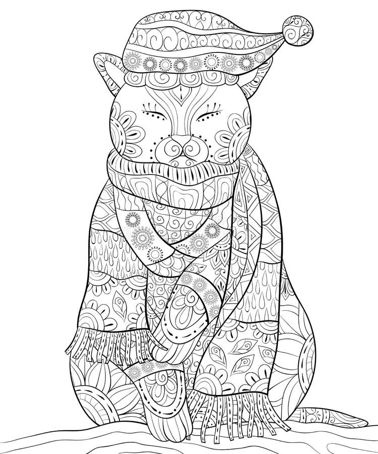 Adult coloring bookpage a cute cat with christmas cap for relaxing stock vector