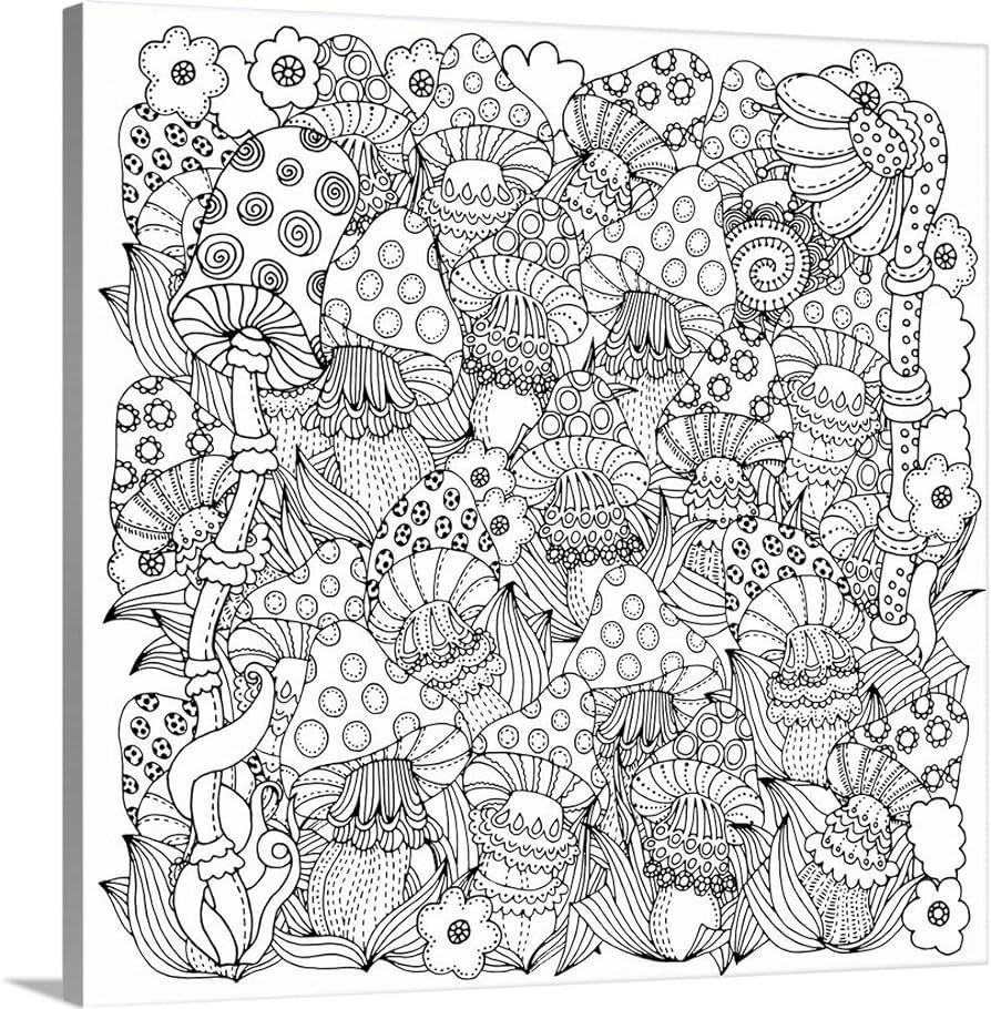 Diy coloring canvas art print mushrooms caps and flower hats xx