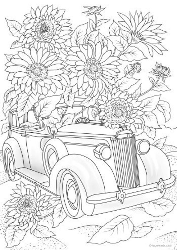 Car in flowers printable adult coloring page from favoreads coloring book pages for adults and kids coloring sheets colouring designs