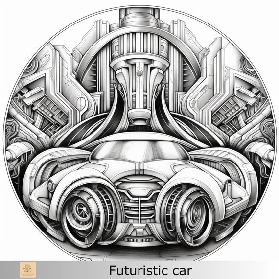 Greyscale futuristic car printable coloring page printable adult coloring page download greyscale illustration png