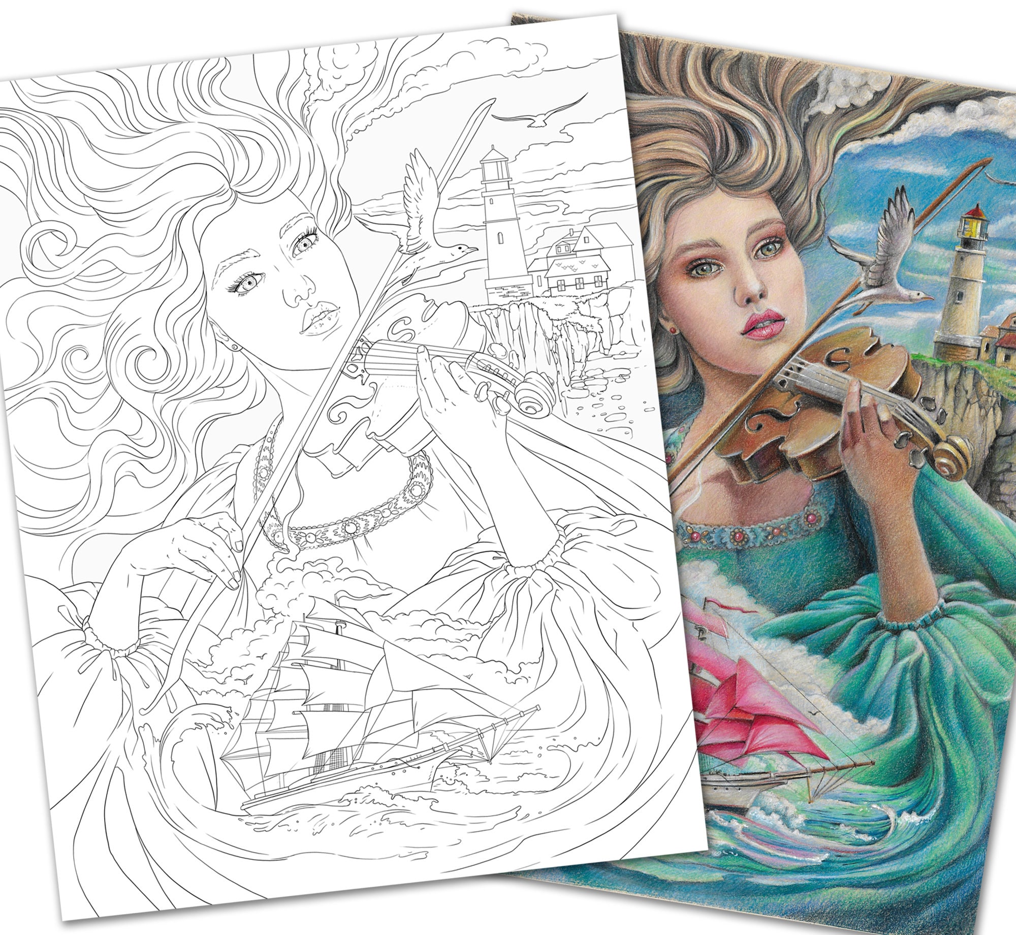 Portrait a violinist girl in fantasy stile pdf coloring page printable coloring page adult coloring page digital download