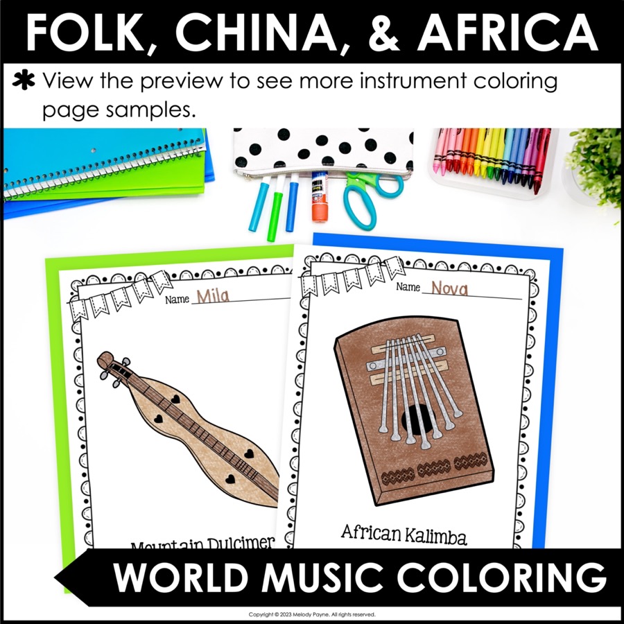 Musical instruments coloring sheets and worksheets bundle for elementary music class