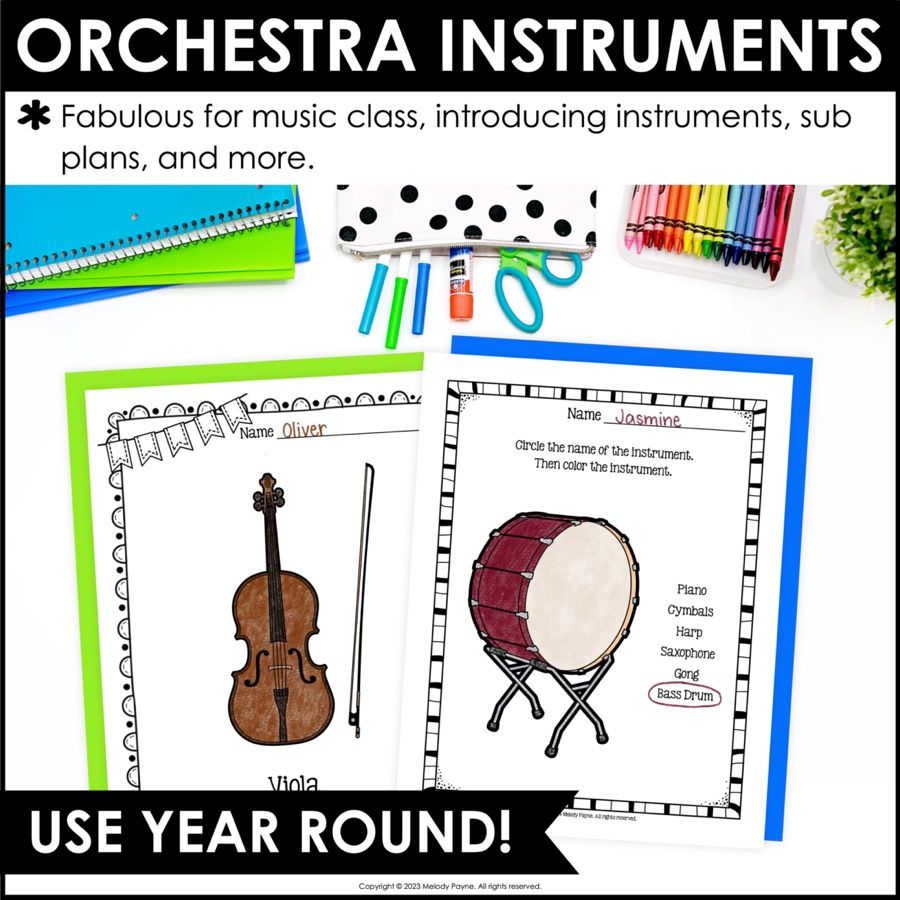 Musical instruments coloring sheets and worksheets bundle for elementary music class