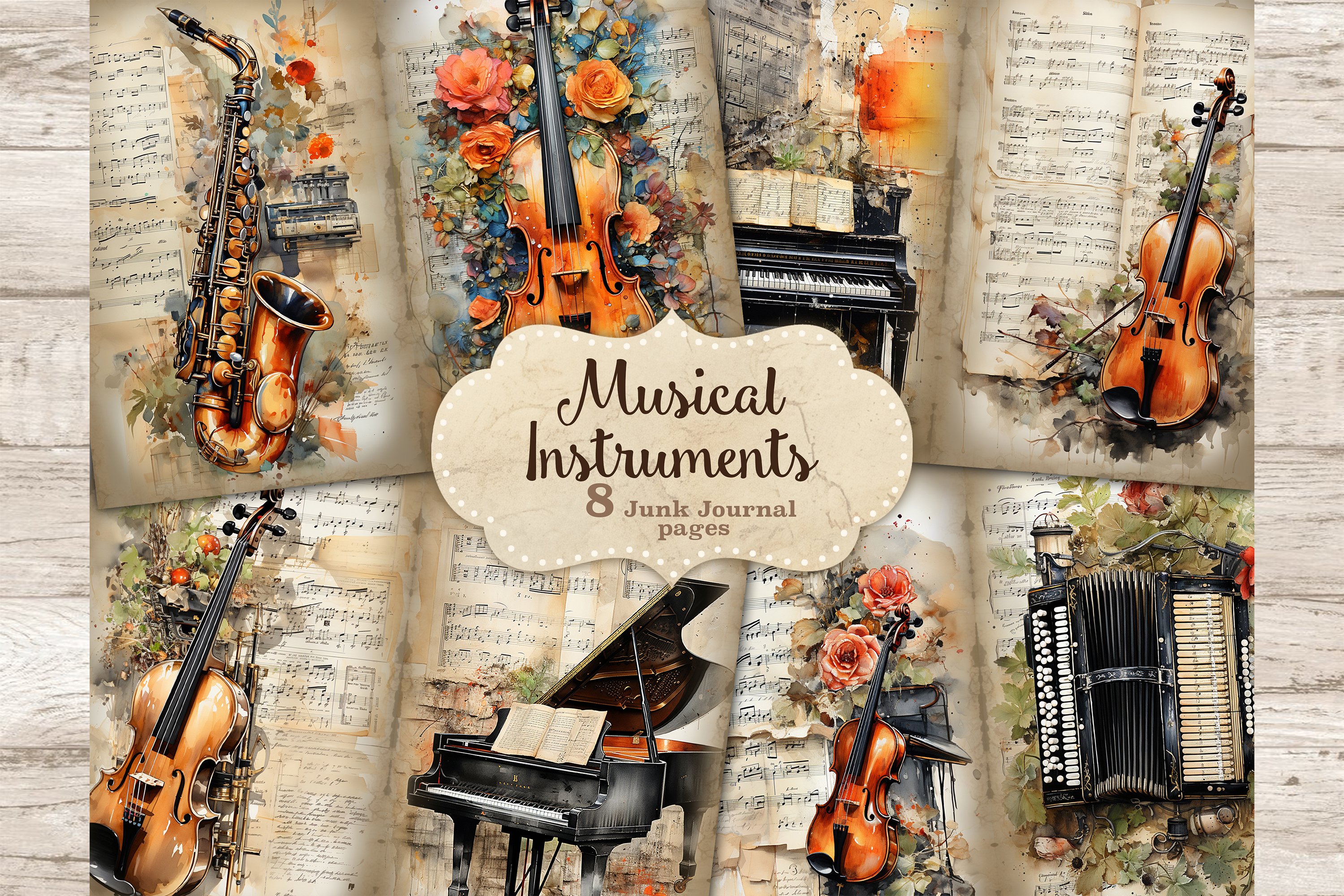 Musical instruments printable paper junk journal pages