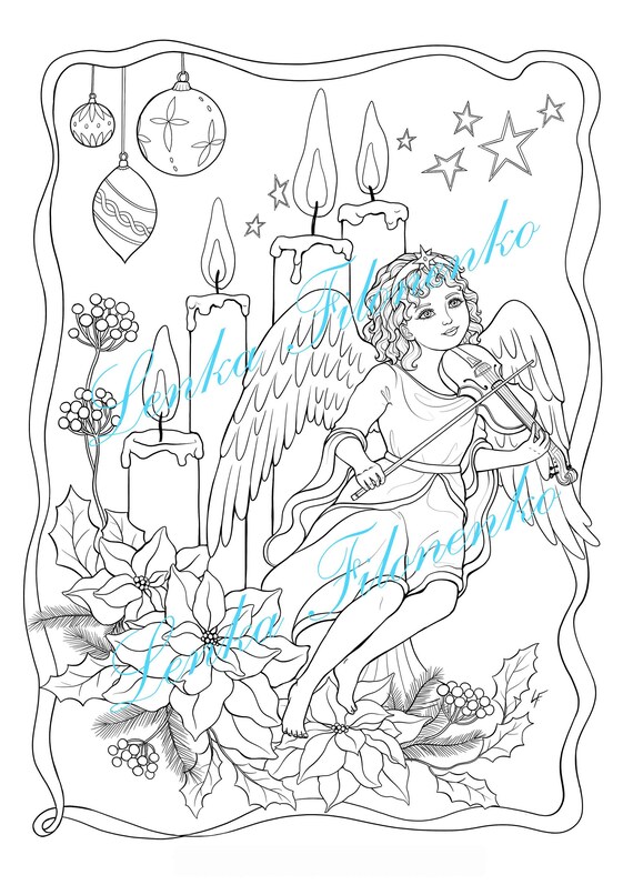 Coloring page for adults christmas vintage angel with violin line art pdf download and print instant download