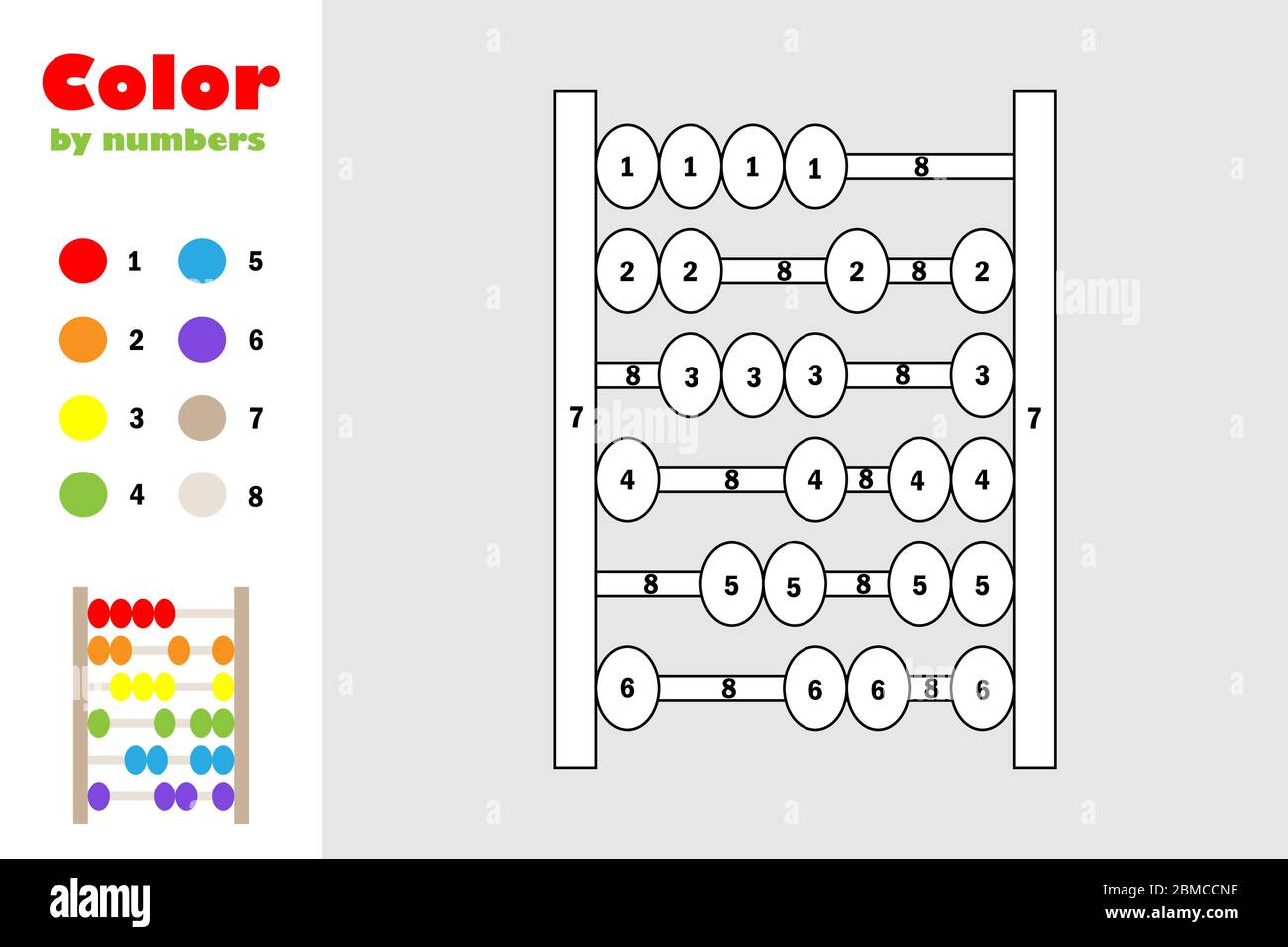 Abacus in cartoon style color by number education paper game for the development of children coloring page kids preschool activity printable work stock vector image art