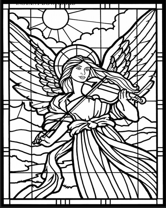 Printable angel with violin stained glass coloring page digital download x sheet