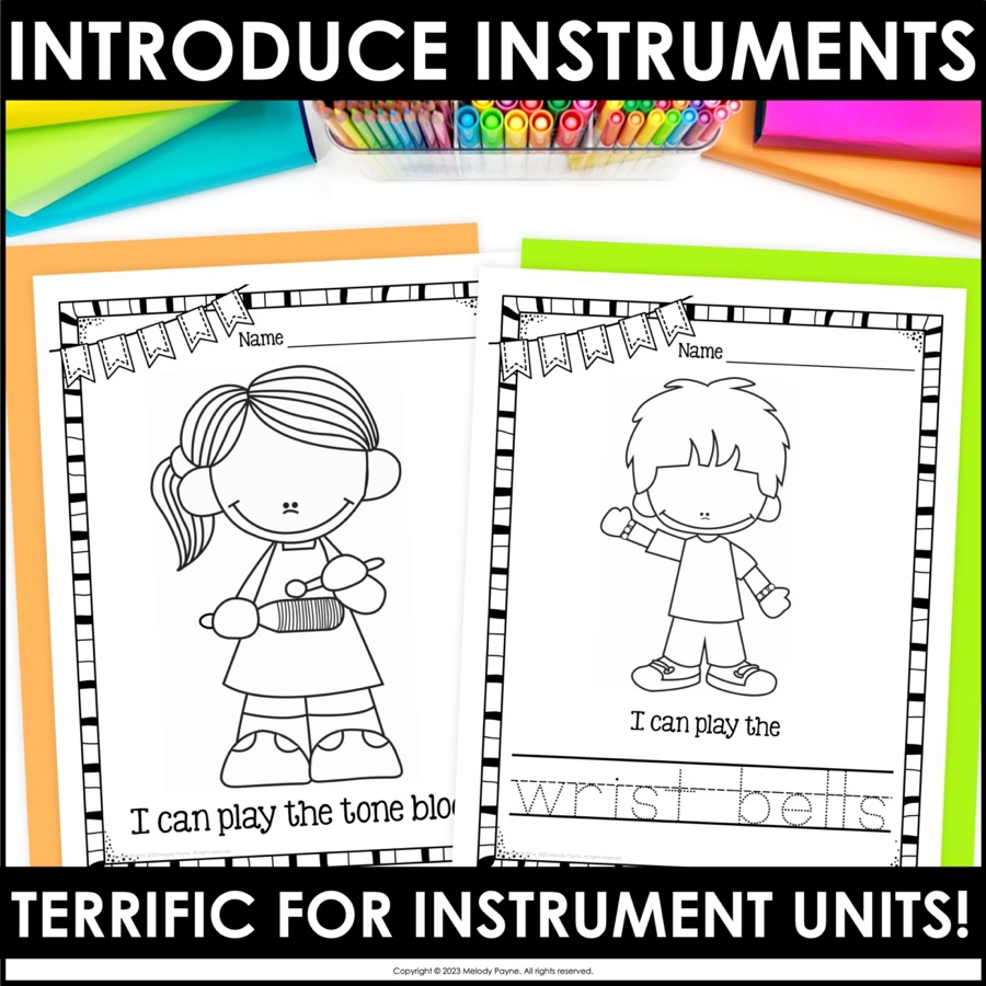 Musical instrument coloring sheets with kids in music class