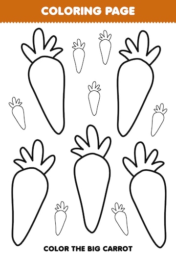 Premium vector education game for children coloring page big or small picture of cute cartoon carrot vegetable line art printable worksheet