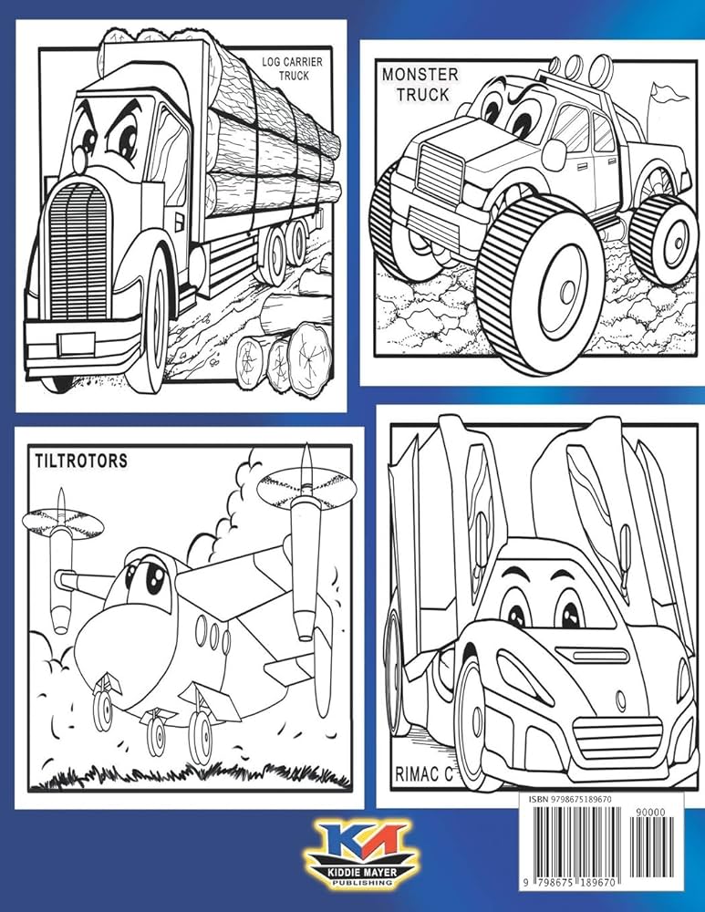 Large trucks planes and cars for kids coloring book coloring full pages with high quality illustrations suitable for boys and girls