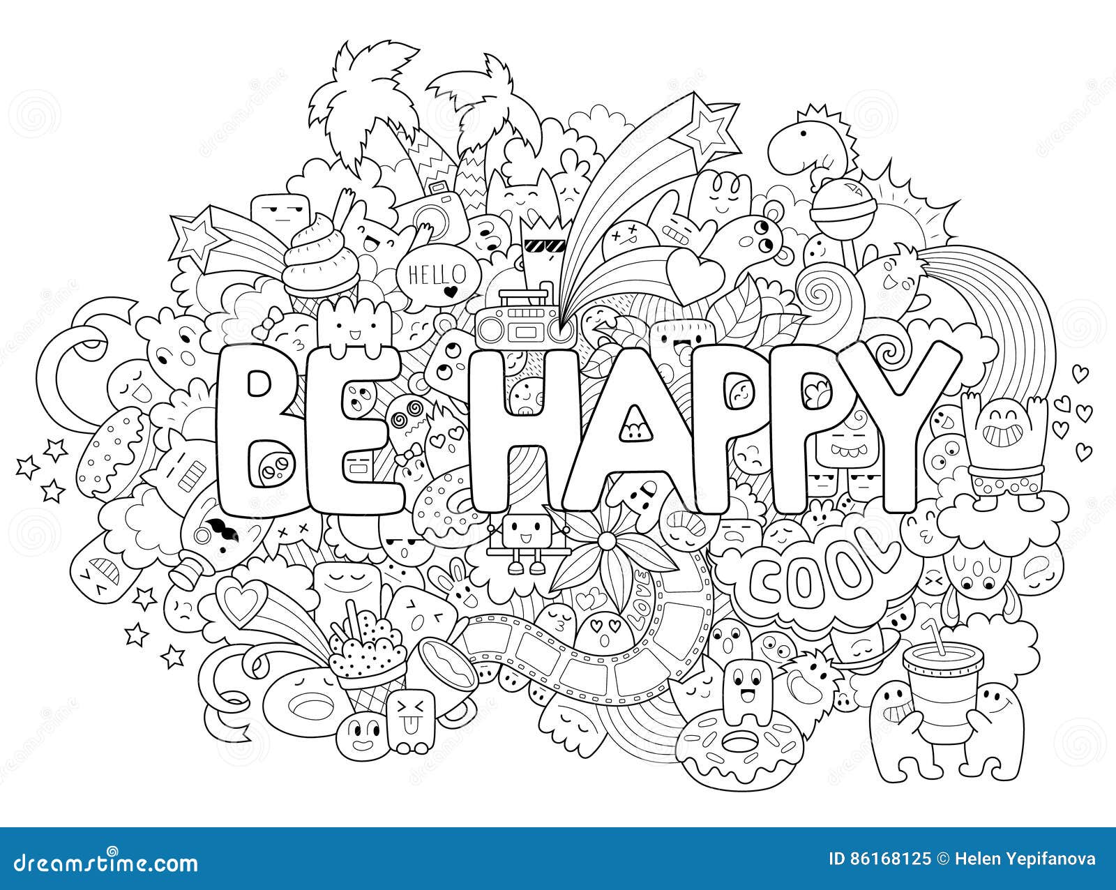 Printable coloring page for adults with cartoon characters hand drawn vector illustration freehand sketch for adult stock vector