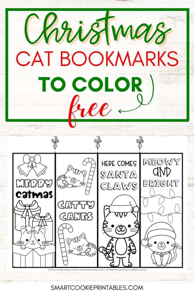 Free printable cute christmas cat bookmarks to color