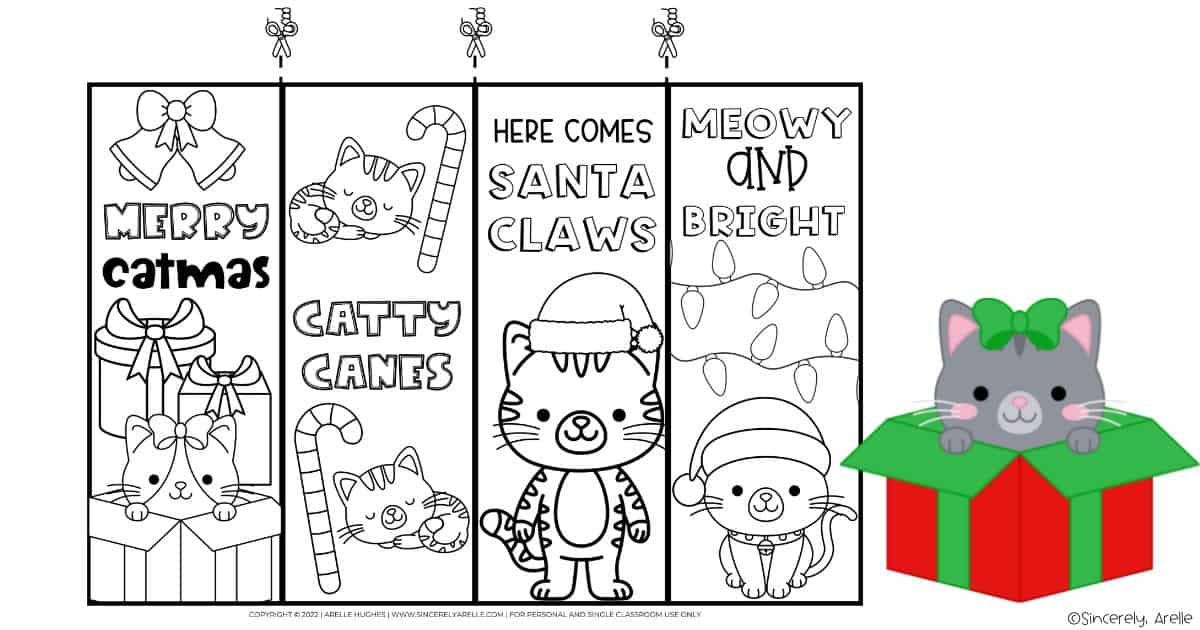 Free printable cute christmas cat bookmarks to color