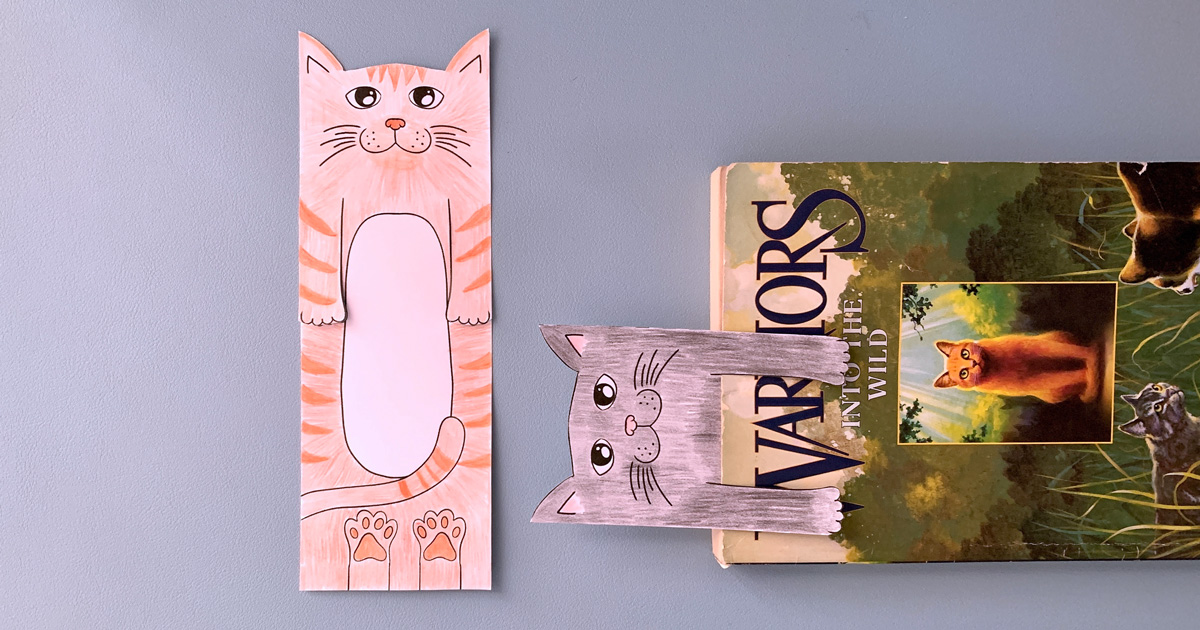 Color a cute printable cat bookmark to save your page