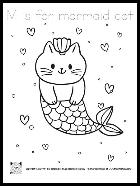 Cute letter m is for mermaid cat coloring page dotted font free printable â the art kit