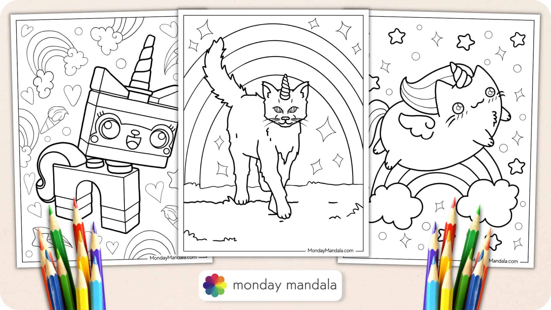 Unicorn cat coloring pages free pdf printables