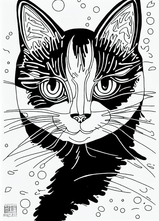 Black and white cat face with a big smile coloring page for adults cartoon printable outlined art intricate details thin lines