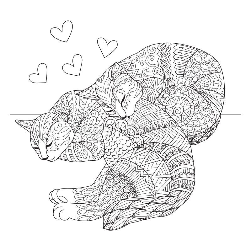 Cute two cats sleeping for cards t shirt design adult coloring book coloring page and print on other things vector illustratio stock vector