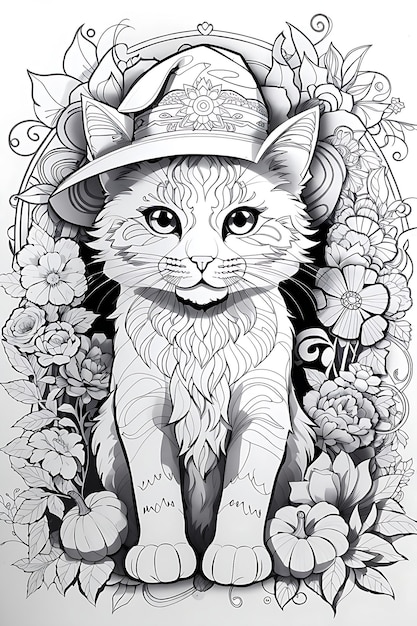 Premium ai image halloween coloring pages with cat for adult