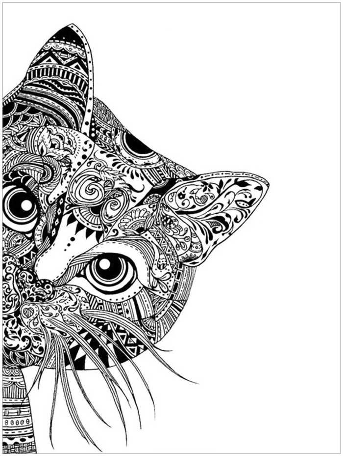 Zen cat peeking coloring page for adults abstract coloring pages cat coloring page mandala coloring pages