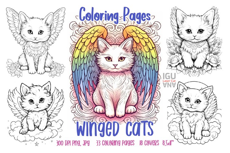 Winged cats printable coloring pages adults bundle