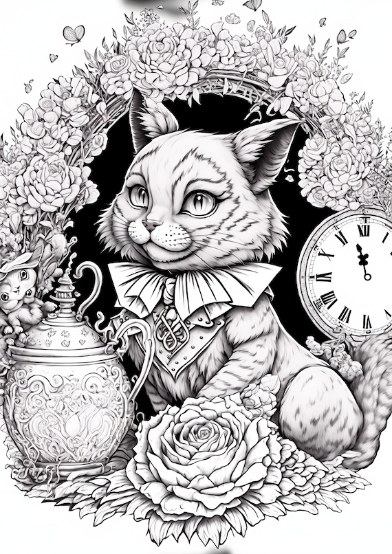 Cheshire cat coloring page alice in wonderland printable adult coloring pages download grayscale illustration instant download